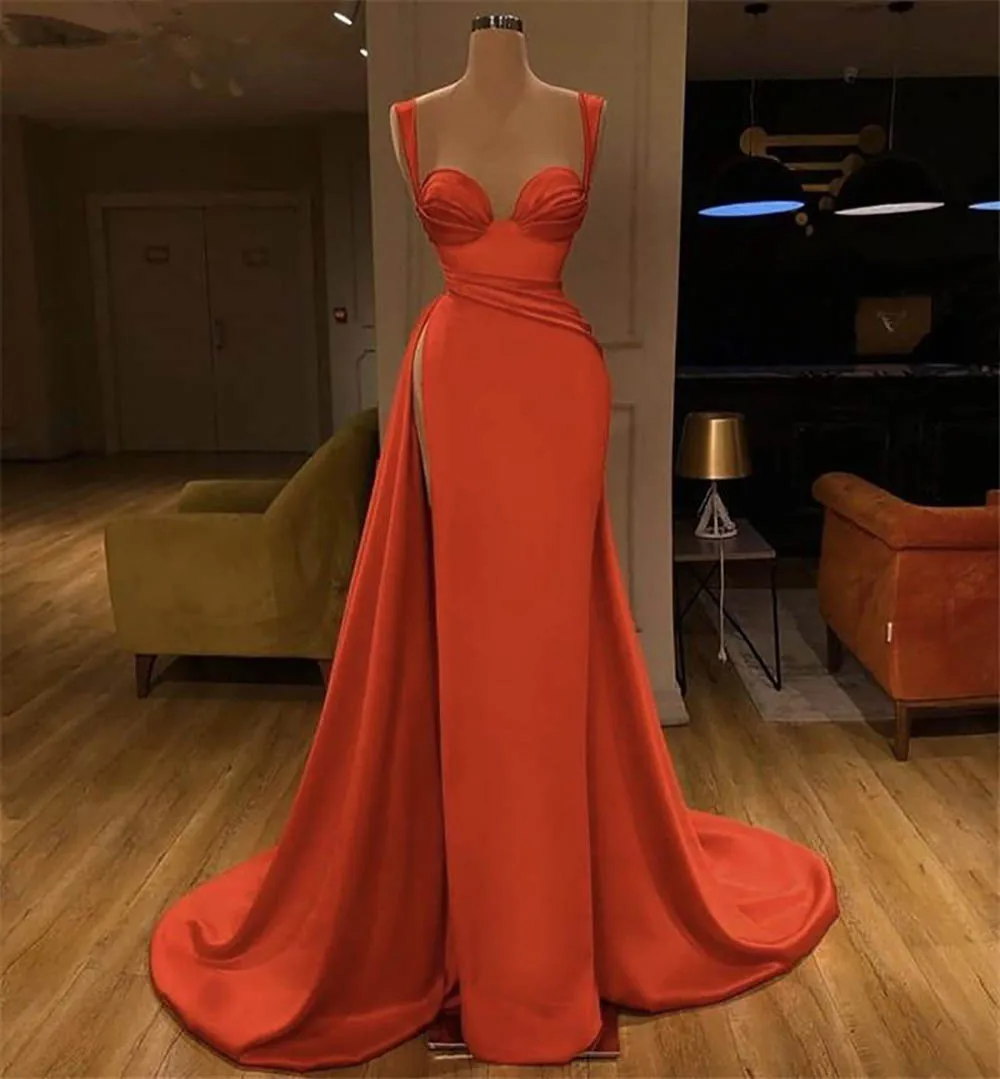 

Ruched Silk Satin Floor Length Evening Dresses vestidos de fiesta de noche Sweetheart Sleeveless Side Slit Mermaid Prom Dresses