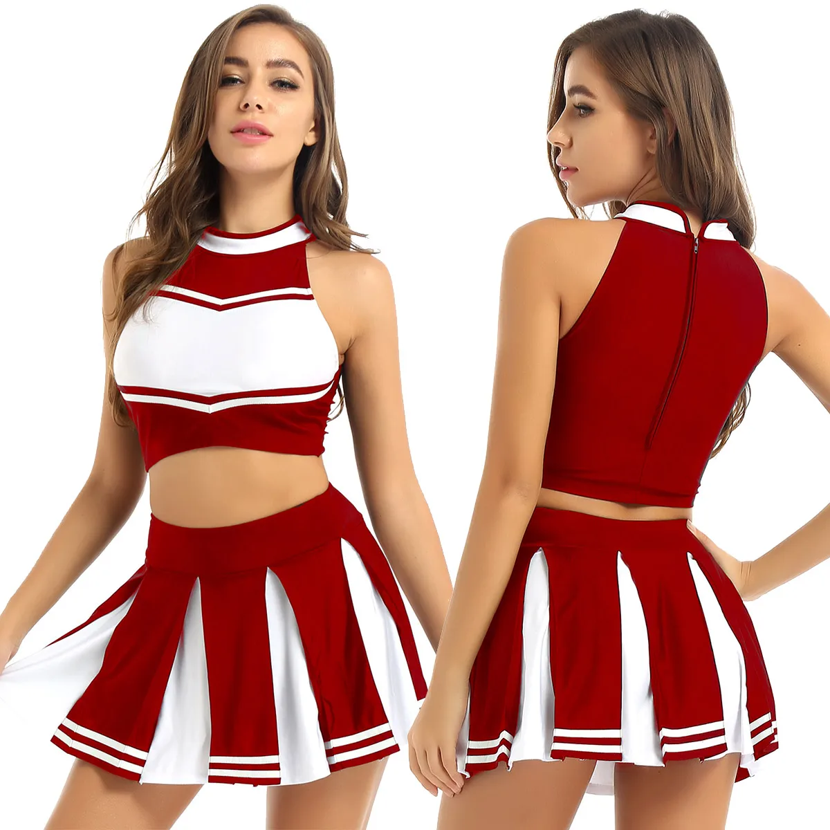 

Womens Adult Cheerleader Costume Uniform School Girl Sexy Clubwear Crop Top with Mini Pleated Skirt for Stage Performance Dance