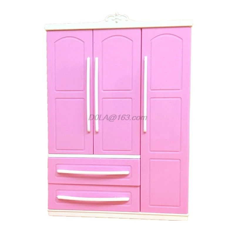 

Трехдверный розовый современный гардероб, игровой набор для кукол, мебель, можно положить обувь, аксессуары для одежды с туалетным зеркалом...