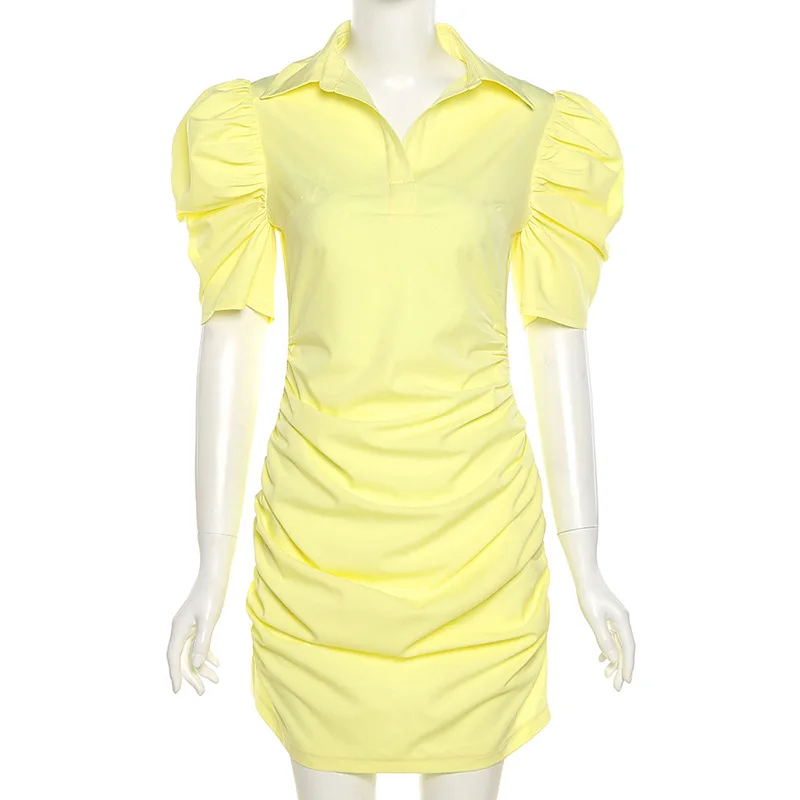 

Short Puff Sleeve Bodycon Dress Women 2021 Summer Turn Down Collar Yellow Mini Sexy Dress Draped Button Casual Party Dresses