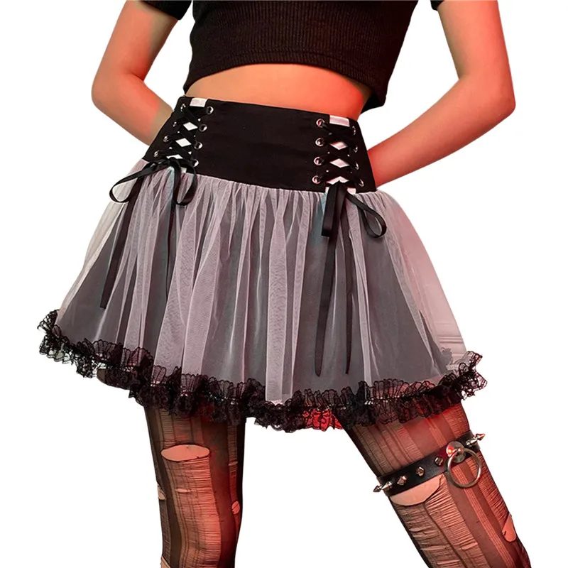 

Womens Lace Patchwork Mini Pleated Skirts Vintage High Waist Ruffle Harajuku Goth Short Skirts