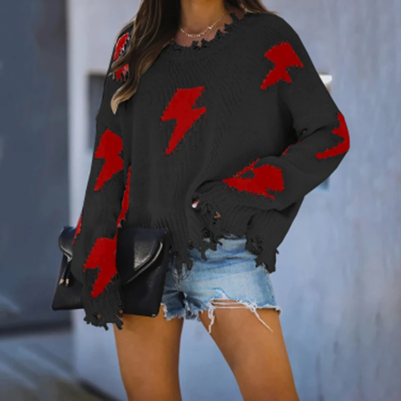 Fashion Oversized Ripped Sweaters Women 2020 Fall Winter Loose O-neck Long Sleeve Thunder Pattern Knitted Pullovers Jumpers | Женская