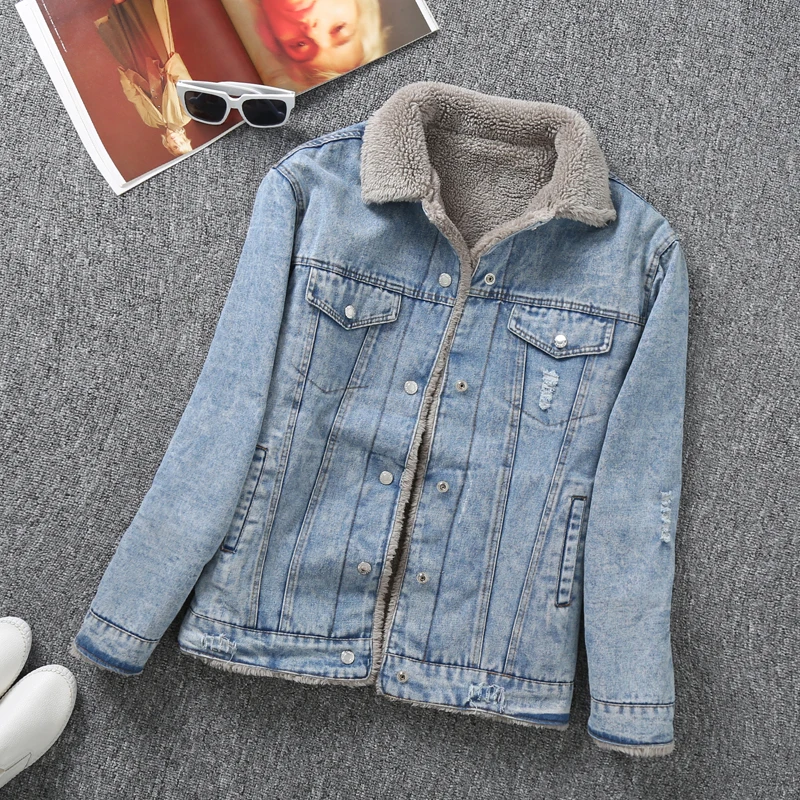 Женская джинсовая куртка с длинным рукавом однотонная теплая Повседневная из