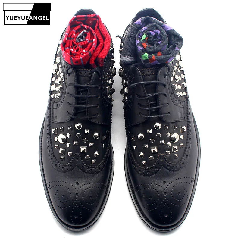 Туфли Броги мужские с заклепками натуральная кожа квадратный каблук броги туфли