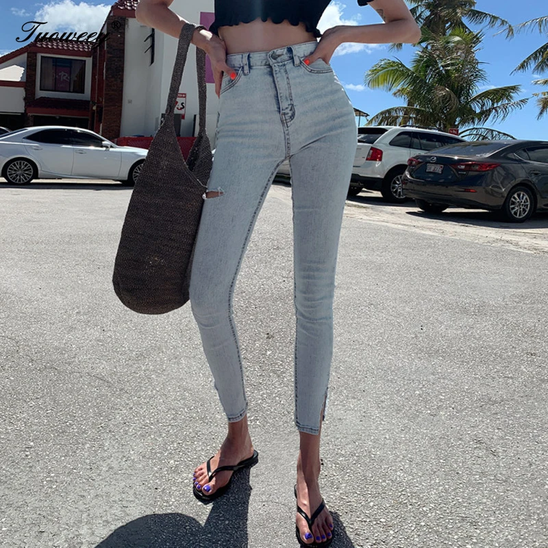 

Женские джинсы-карандаш 2019, женские брюки, уличная одежда, светло-голубые эластичные узкие женские джинсы с завышенной талией, брюки с разре...