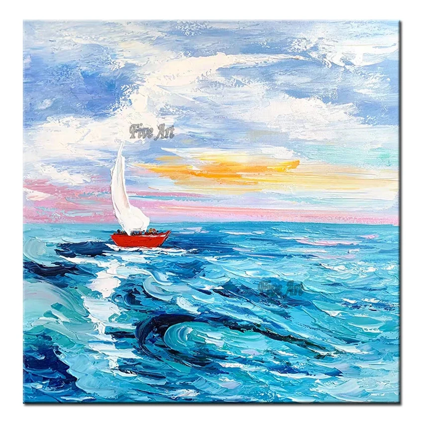 

Настенная живопись, Абстрактная Картина на холсте с изображением корабля, лодки, морской пейзаж ручной работы, картина маслом, набор панеле...