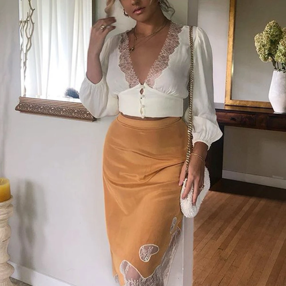 Женская прозрачная блузка с V-образным вырезом и длинным рукавом | одежда