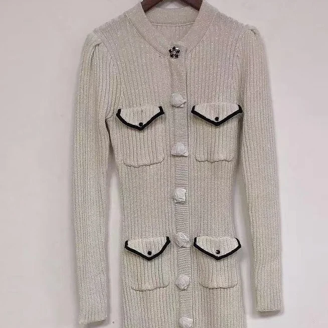 

2021 Early Spring New Long-sleeved V-neck Single-breasted Flower Button Thin Knitted Cardigan Mid-length Dress