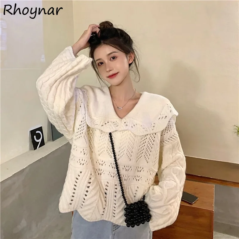 

Pullovers Women Baggy Classy Peter Pan Collar College Girls Hollow Out Ulzzang Kawaii Autumn Design Ins Feminino Tender Leisure