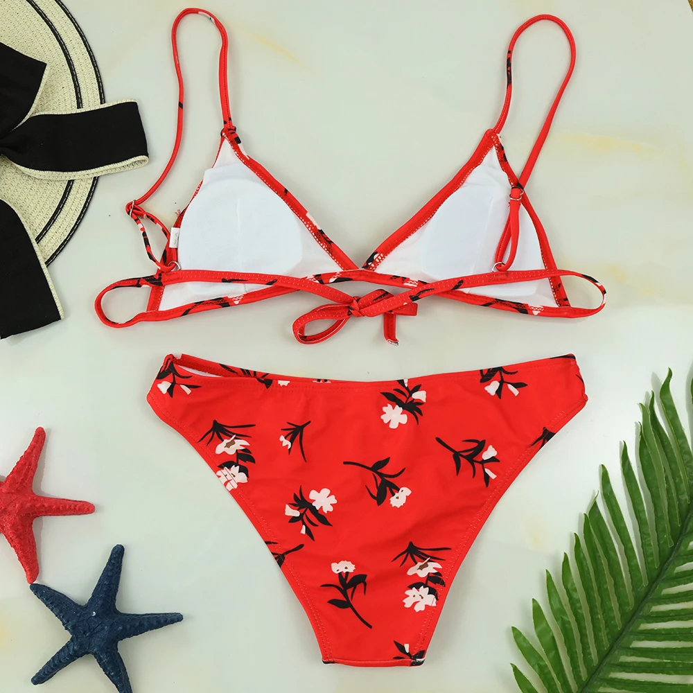 

Red Swimsuit for Women Floral Print Triangle High Waist Bikini Push Up Cute Bathing Suit Women Designer 2 Piece Set Women