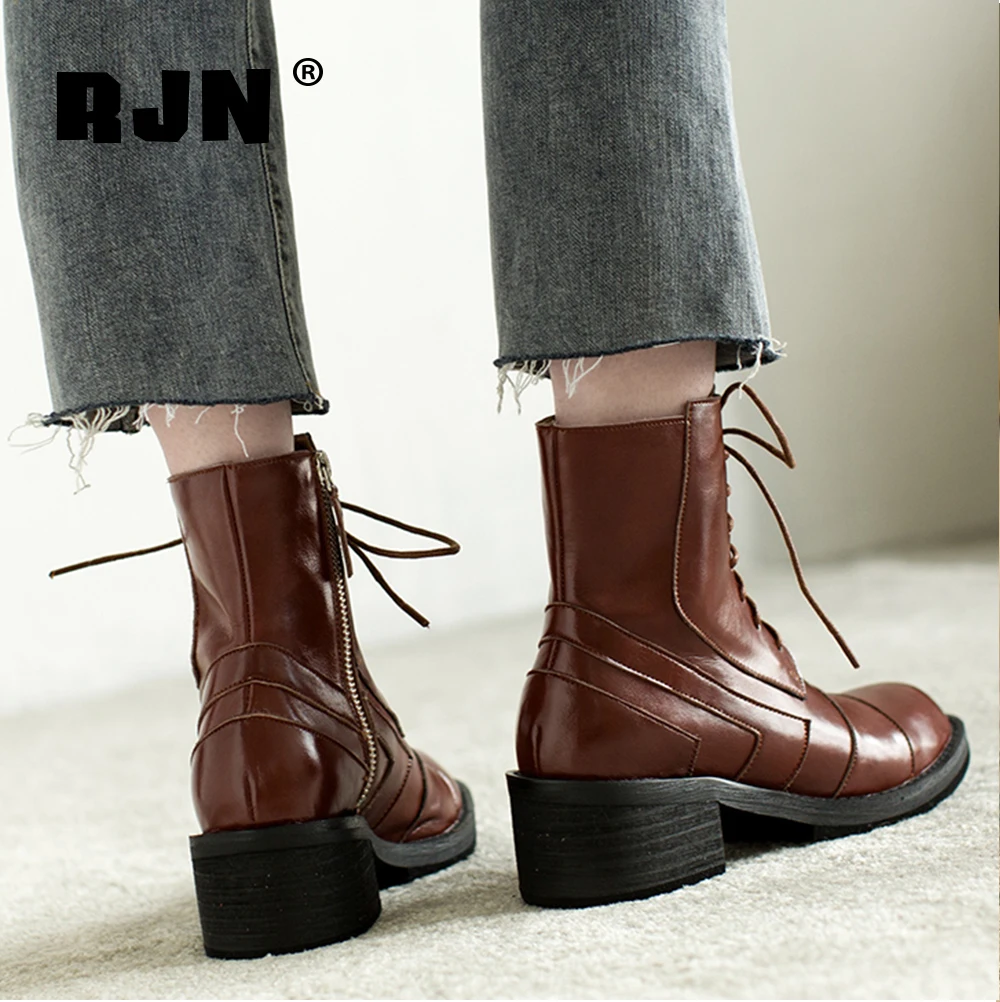 Jual RJN Musim Gugur Baru Fashion Wanita Semata Kaki Klasik Round Toe Lace-Up Sepatu Wanita Nyaman Platform Hak Square Sepatu RO186