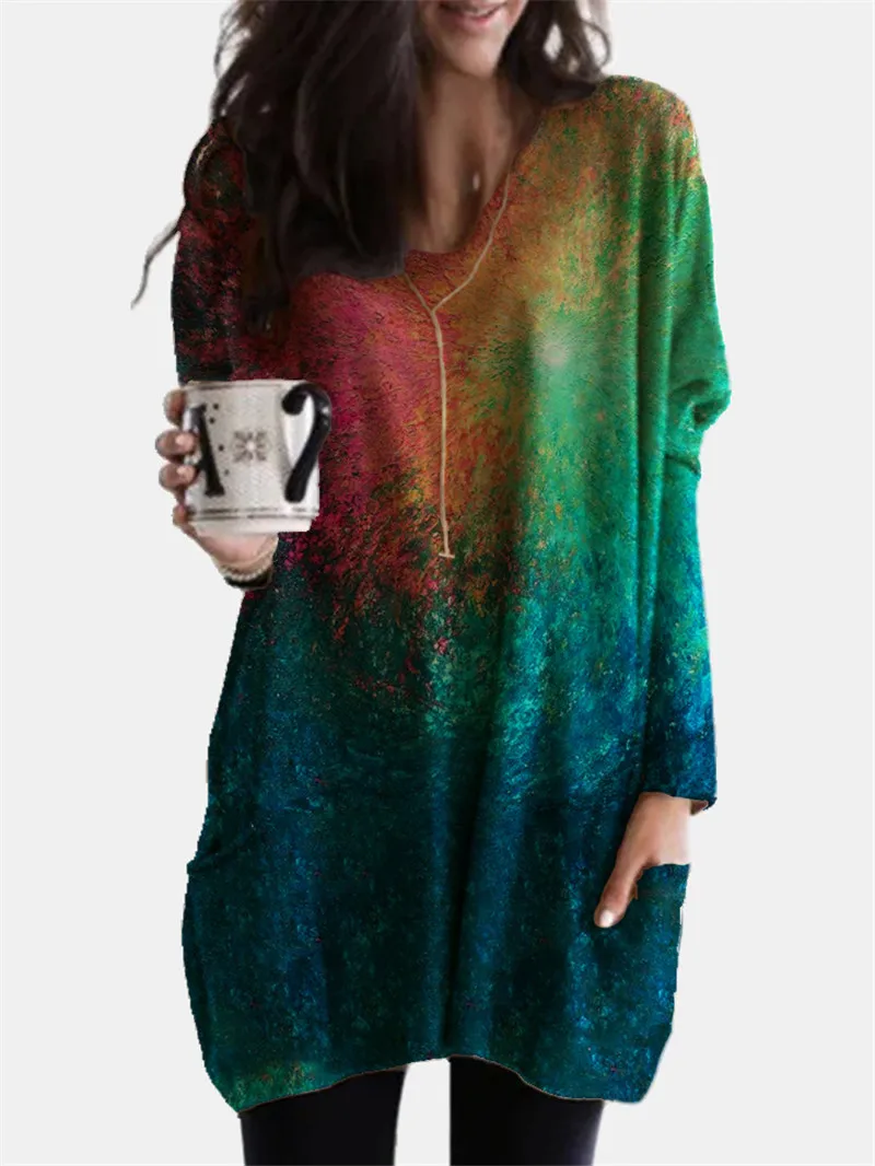 

Vintage Abstract Printed Long Top Women Tie Dye Gradient Long Sleeve T Shirt Autumn Pockets V Neck Loose Tshirt Plus Size