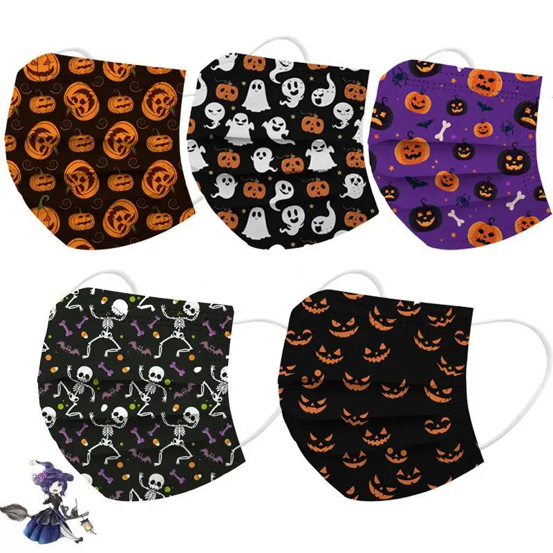 

50pcs Adult Disposable Protective Mask Halloween Printing Masks Holiday Decoration Face Mask Mascarillas Multi-layer Protection