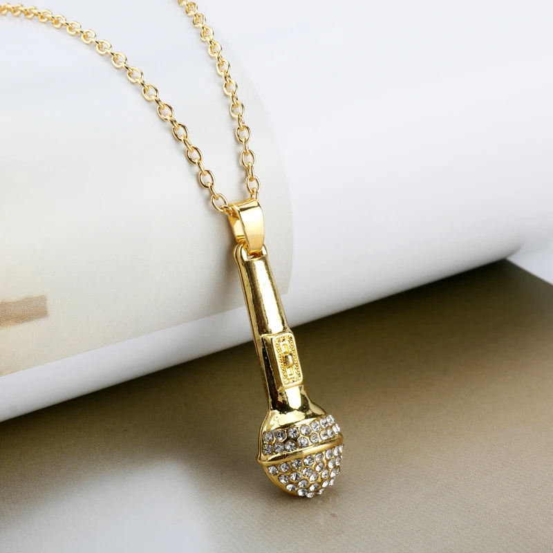 

Microphone Crystal Chain Necklace Rapper Headphone Music Note Guitar Charm Pendant Necklace Hip Hop Jewelry Men Women Gifts