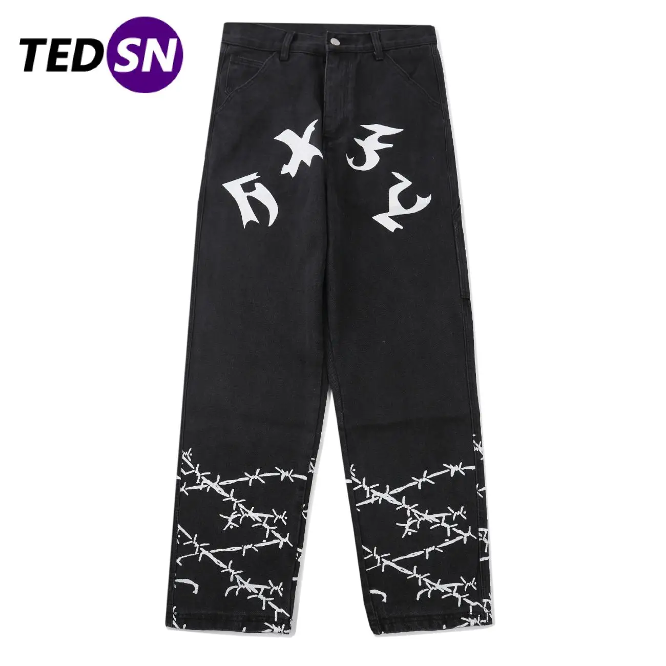 

TEDSN Hip Hop Rivet Printed Denim Black Jeans Harajuku Straight Baggy Pants Wide Leg 2020 Oversized Loose Joggers Man Trousers