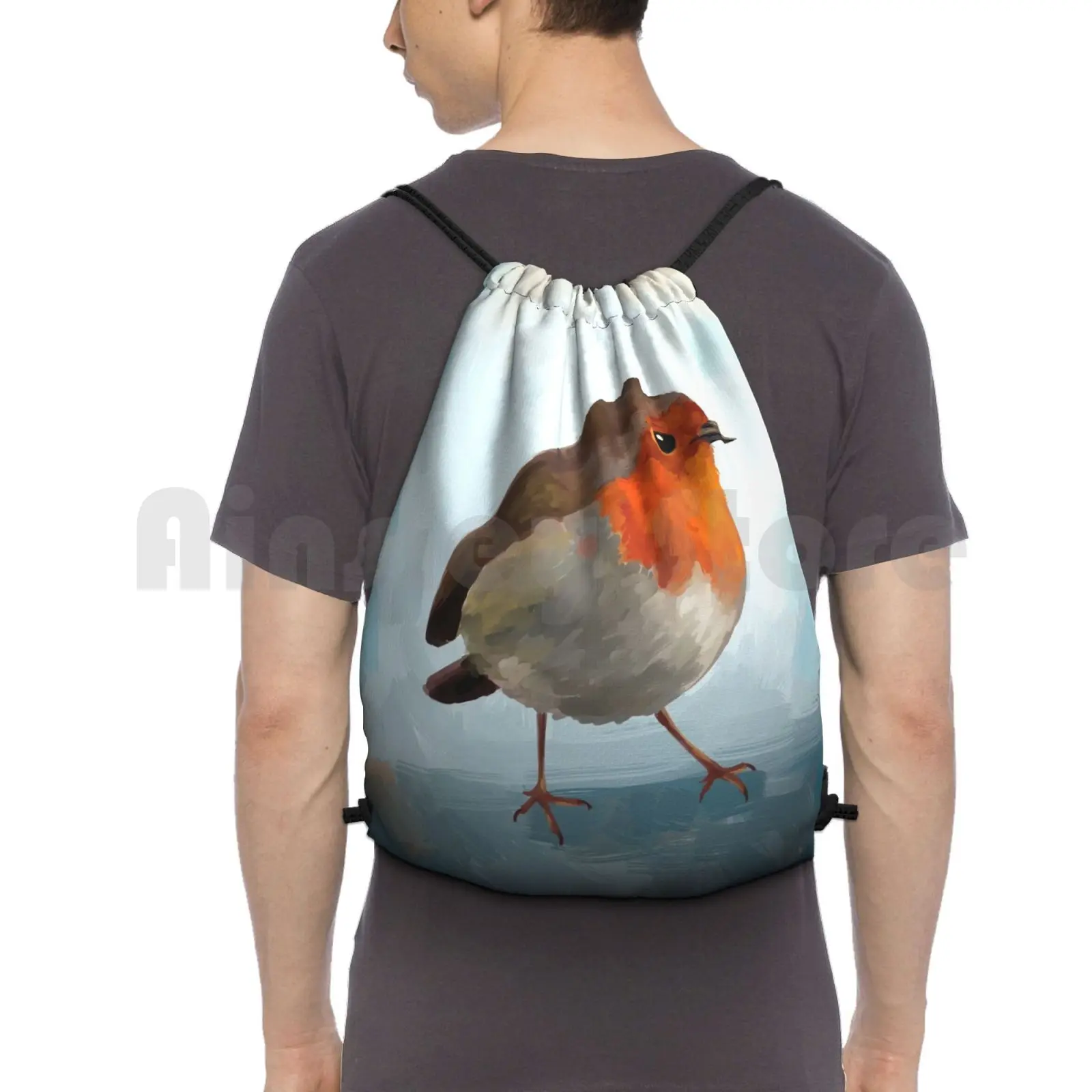 

Robin Backpack Drawstring Bags Gym Bag Waterproof Freeminds Little Robin Bird Nature Wildlife Animal Portrait Orange Blue