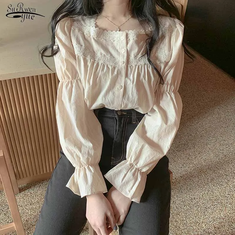 

Vintage Slim Long Puff Sleeve Square Collar Women Blouse 2021 Autumn Lace Side Solid Cardigan Sweet Shirts Blusas Mujer 11200