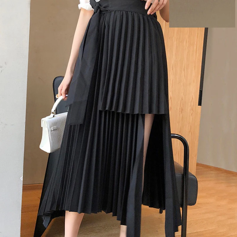

Autumm 2021 Irregular Sashes Mid Calf Women Pleated Skirt Khaki Pleated Skirt Vintage High Waist Casual Skirts Female Faldas New