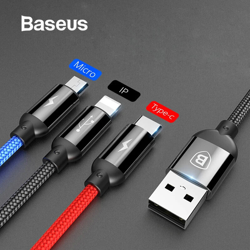 Baseus 3 в 1 USB зарядное устройство кабель Мобильный телефон Тип C для samsung S9 зарядный кабель для iphone xr iPhone XS MAX 8 Micro Зарядное устройство USB шнур кабель micro usb USB Type C