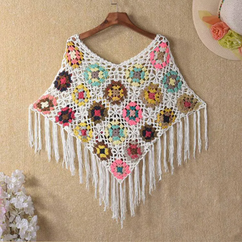 Шаль с кисточками пончо Пашмина вязаная крючком кружевная накидка для защиты от