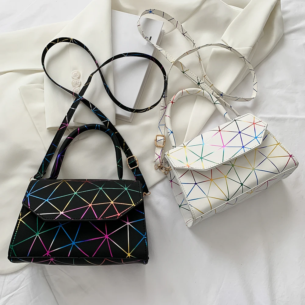 

Retro Women Lines Print Laser PU Leather Top-Handle Small Shoulder Messenger Bag Design Luxury Hand Bag Female Travel