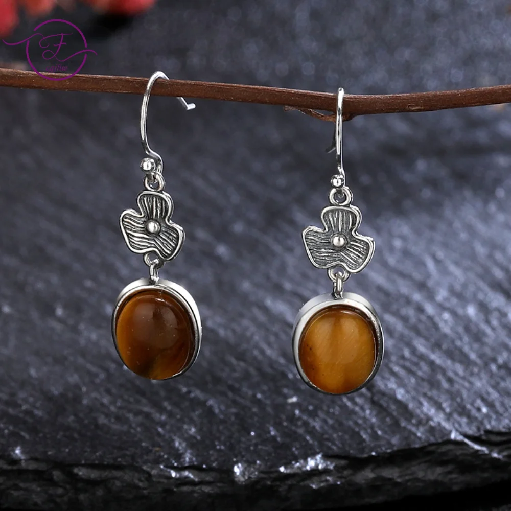 

925 Sterling Silver Retro Earrings Natural Tiger's Eye Rhodochrosite Stone Fine Jewelry Flower Shape Drop Earring for Women