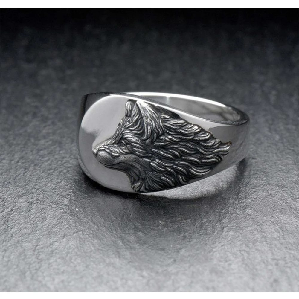 

2021 Fashion Vintage Silver Color Wolf Ring Punk Style Animal Wolf Head Ring Men Wedding Band Anniversary Jewelry Gift