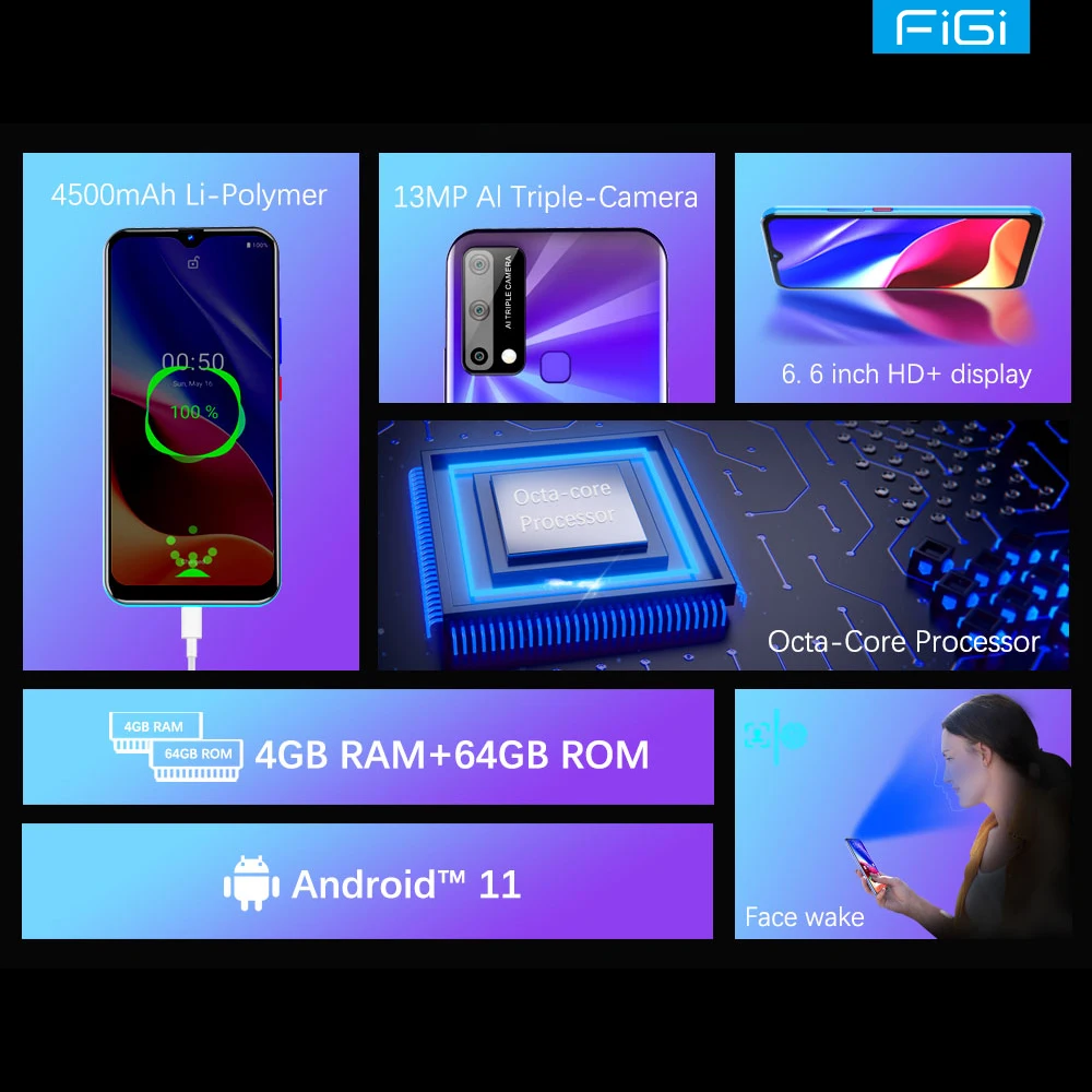 FIGI Note 5 Octa Core CPU  Smartphones Unlock Android 11 4500mAh Type-C Charger 6.6