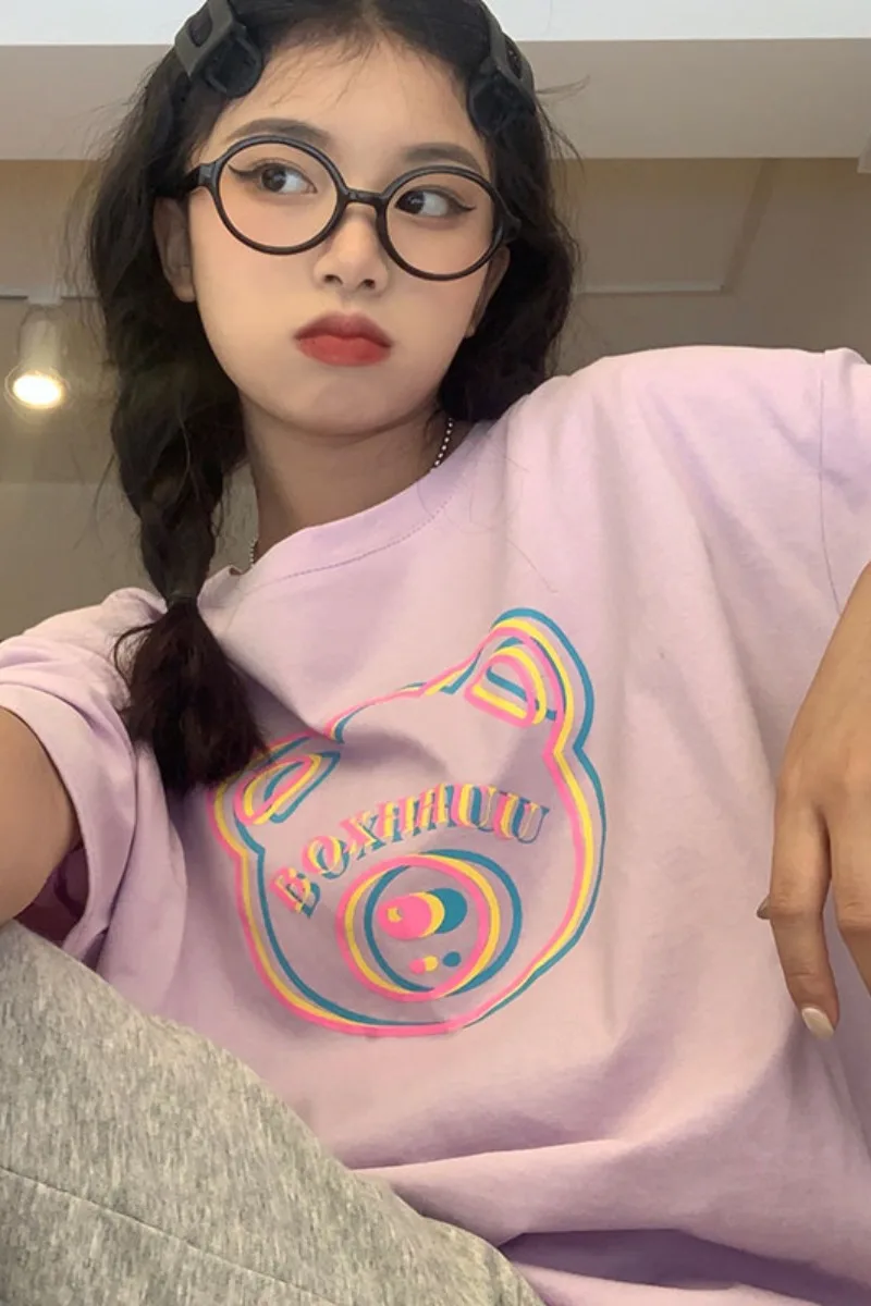 

Candy-colored T-shirt women's summer 2021 new Korean version of ins cute bear printing loose bf short-sleeved shirt tide