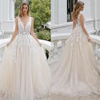 v neck lace appliques wedding dresses backless custom sleeveless women bridal gowns princess custom made robe de mariage