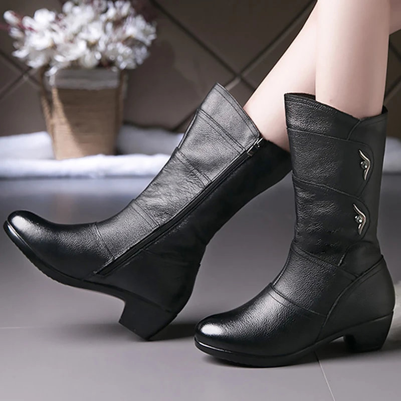 

Women's Rubber Boots 2020 Spring Winter shoes Female Mid-calf boots Non-slip Fashion PU Leather boots for women Black Elegant