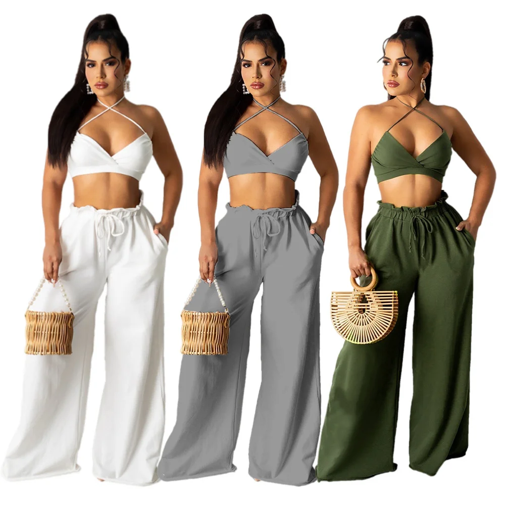

Sylph Sexy Two Peice Sets Fashion Solid Set 2 Women Pieces Backless Crop Lace Up Halter Drawstring Wide Leg Pant Suits 2022