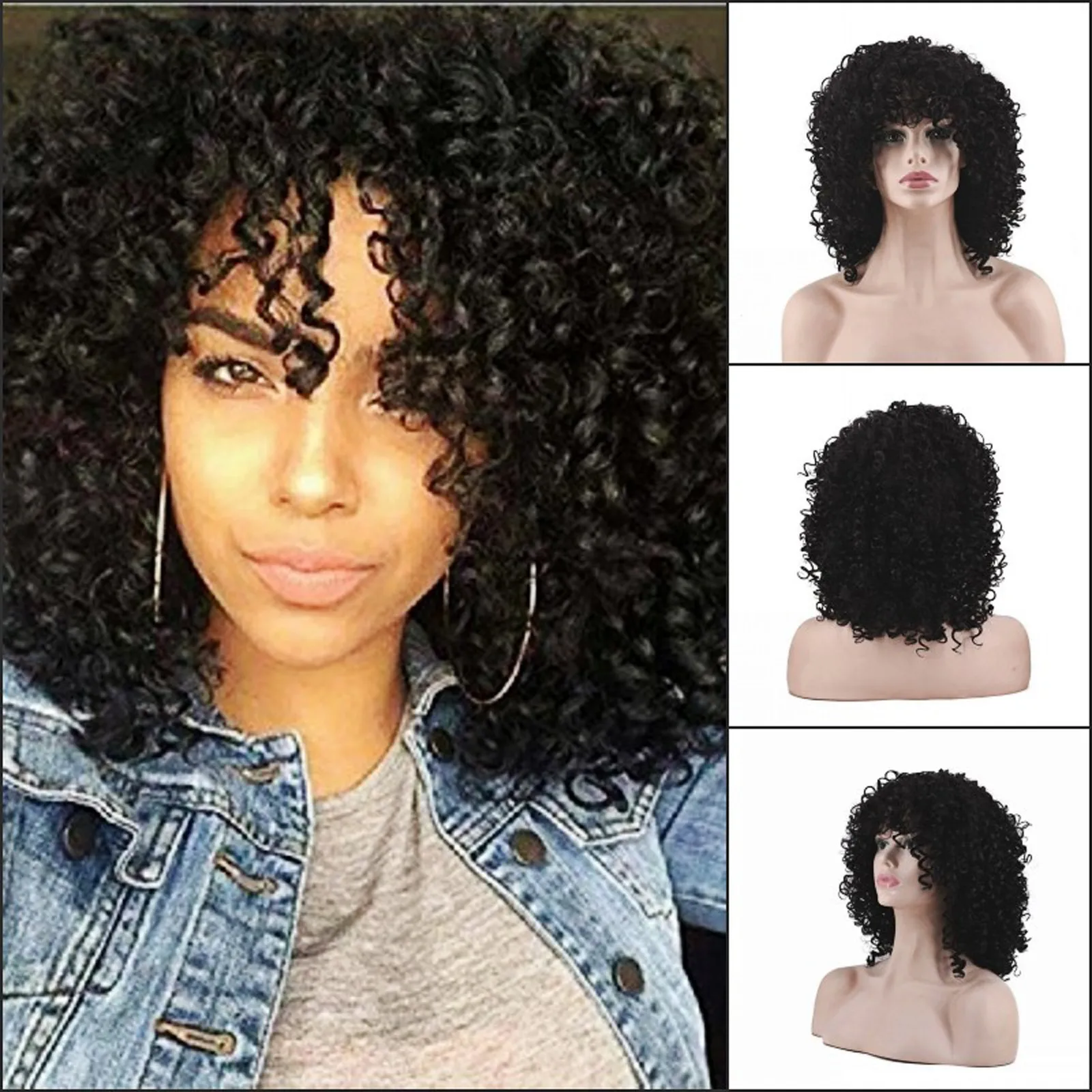 

Women Fashion Black Peruvian Curly Human Hair Wig Glueless Lace Front Human Hair Cosplay African Braid Wigs Curls Female