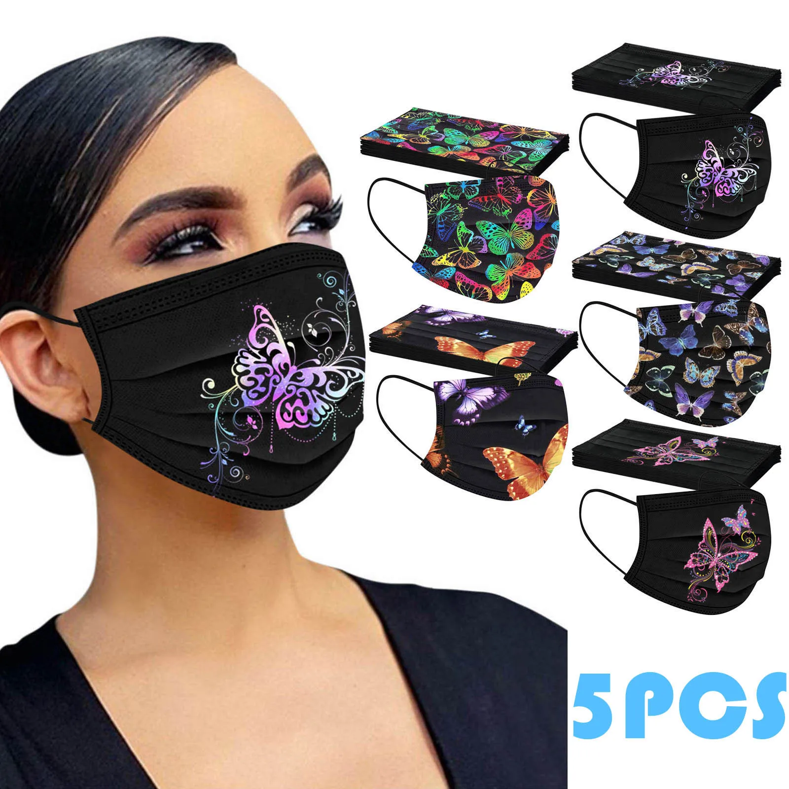 

5PC Adult Disposable Face Mask Butterfly Print Ultrathin Women Man Mouth Mask 3Ply Ear Loop Black Men Women Facemask Mascarillas