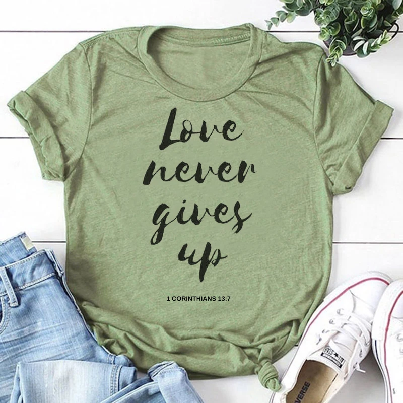 Женская футболка с надписью Love Never Give Up из чистого хлопка|Футболки| |
