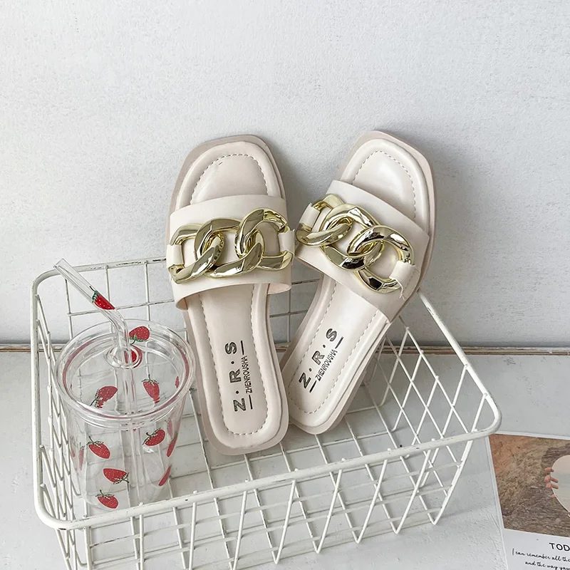 

Square Toe Female Shoes Ladies' Slippers Low Luxury Slides Shallow 2021 Designer Flat PU Basic Low Shallow Slippers Casual Shoes