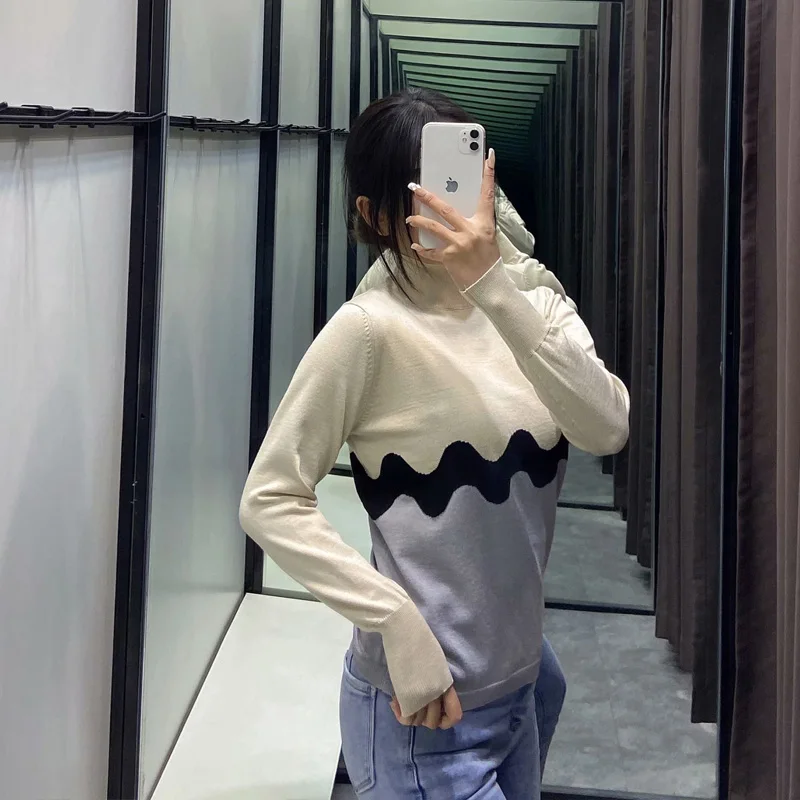 

LVWOMN Sweaters Women 2021Vintage Turtleneck Splicing Jumper Woman Sweater Ladies Long Sleeve Casual Sweaters Chic Pullovers