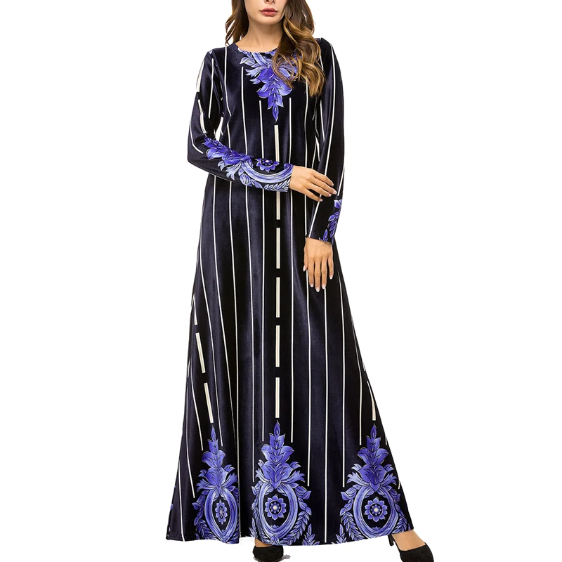 MISSJOY Vestido terciopelo пакистанское бархатное платье Дубай Абая Катара ОАЭ турецкое женское Полосатое исламское синее платье с длинным рукавом