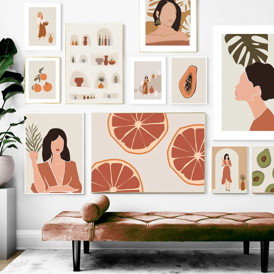 

Abstract Girl Orange Monstera Bottle Avocado Nordic Posters &Prints Wall Art Canvas Painting Wall Pictures For Living Room Decor