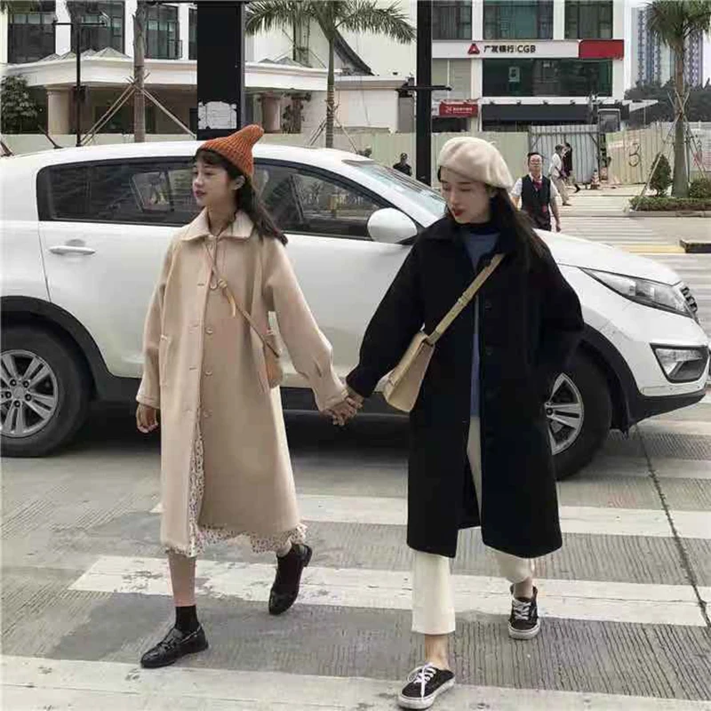 

Women's Long Coat Korean Preppy Style Retro Versatile Windbreaker Casual Warm Woolen Winter 2021 New Woman Black Oversize Coat