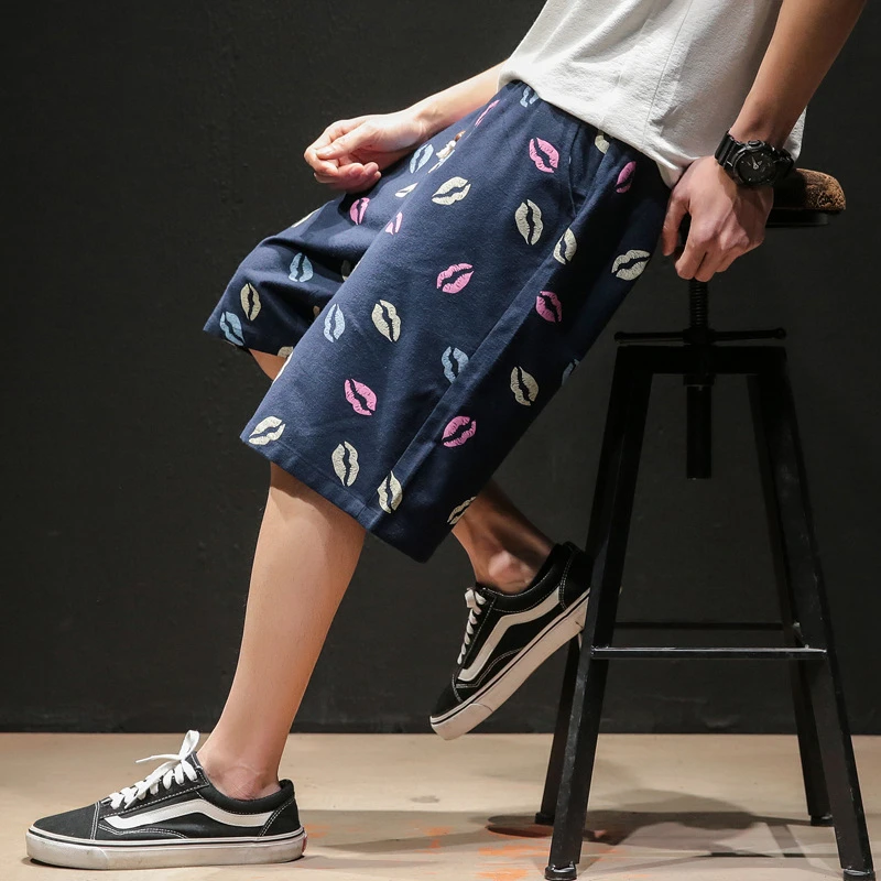 

Штаны в японском стиле Харадзюку 2019 с широкими штанинами женские свободные брюки с принтом канагава мужские повседневные Капри укиё-э с высокой талией уличная одежда штаны для уличных