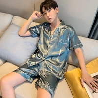 summer men pajamas set silk sleepwear short sleeved nightwear lounge striped sleep clothing satin plus big size male nighties su