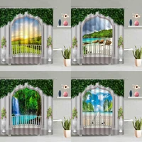 3d european style building shower curtain set ocean green forest waterfall flower mountain arch door bathtub screen waterproof