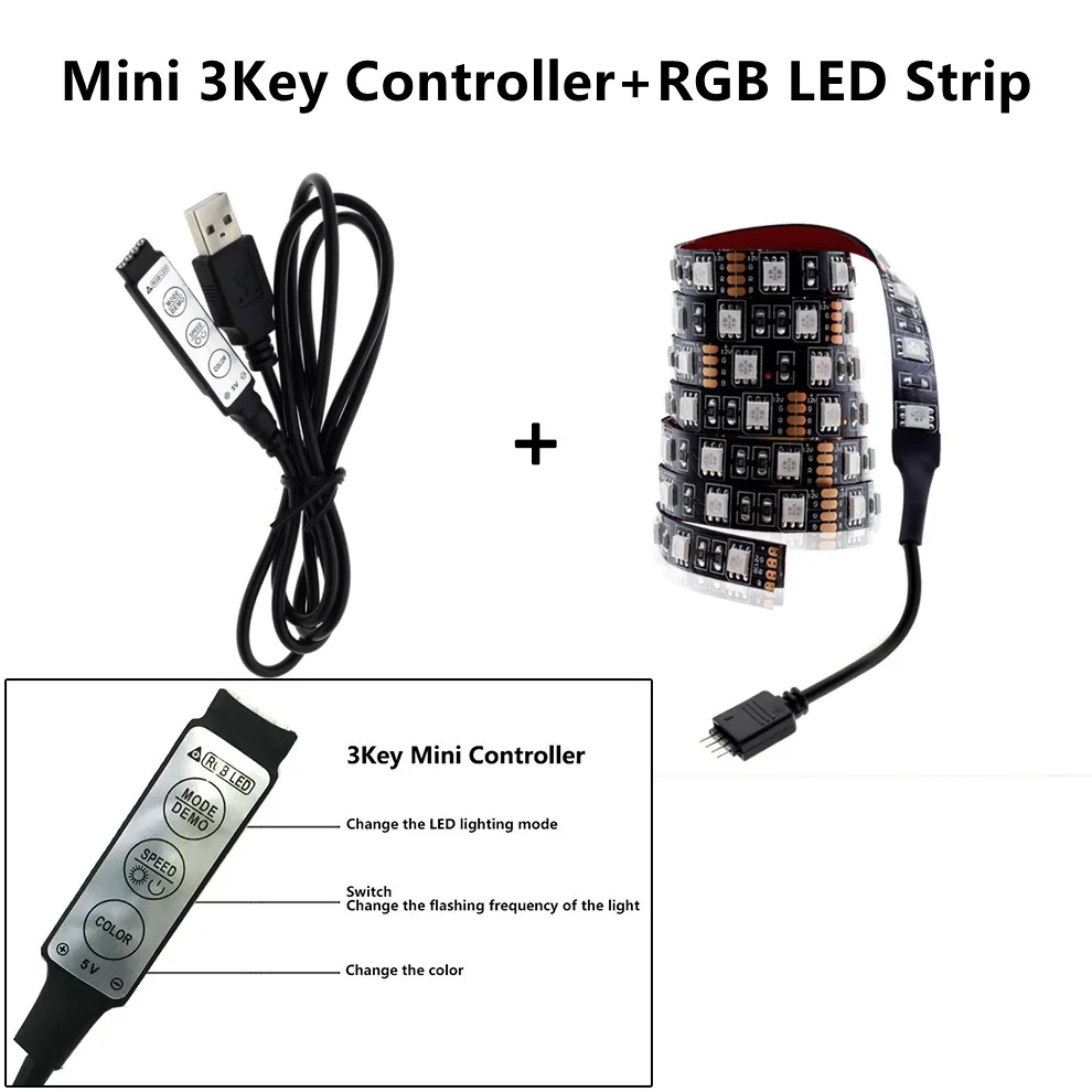 With 3Key Controller USB Светодиодные ленты 5V SMD5050 изменяемый RGB светодиодный ТВ фон светильник ing 50 см 1 м 2 м 3 м 4 м 5 м набор «сделай сам» гибкий светодиодный светильник - Испускаемый цвет: With 3Key Controller