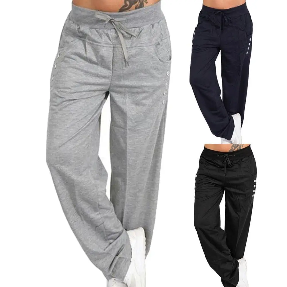 

Women Solid Color Elastic Waist Drawstring Button Pocket Straight Trousers Pants