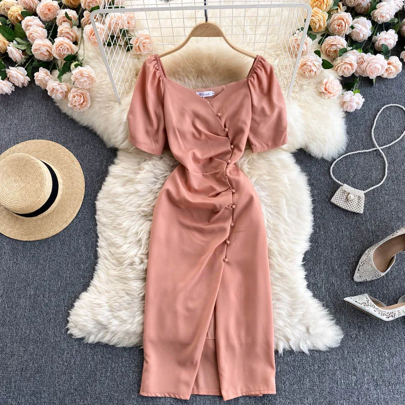 

Elegant Women Short Sleeve Square Collar Summer Dress 2021 Solid French Ladies Retro Slim Single Breasted Split Work Party Dress