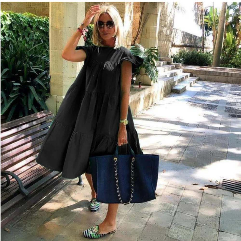 

Loose Pleated Short-sleeved Dress Women's Solid Color Women's Clothing