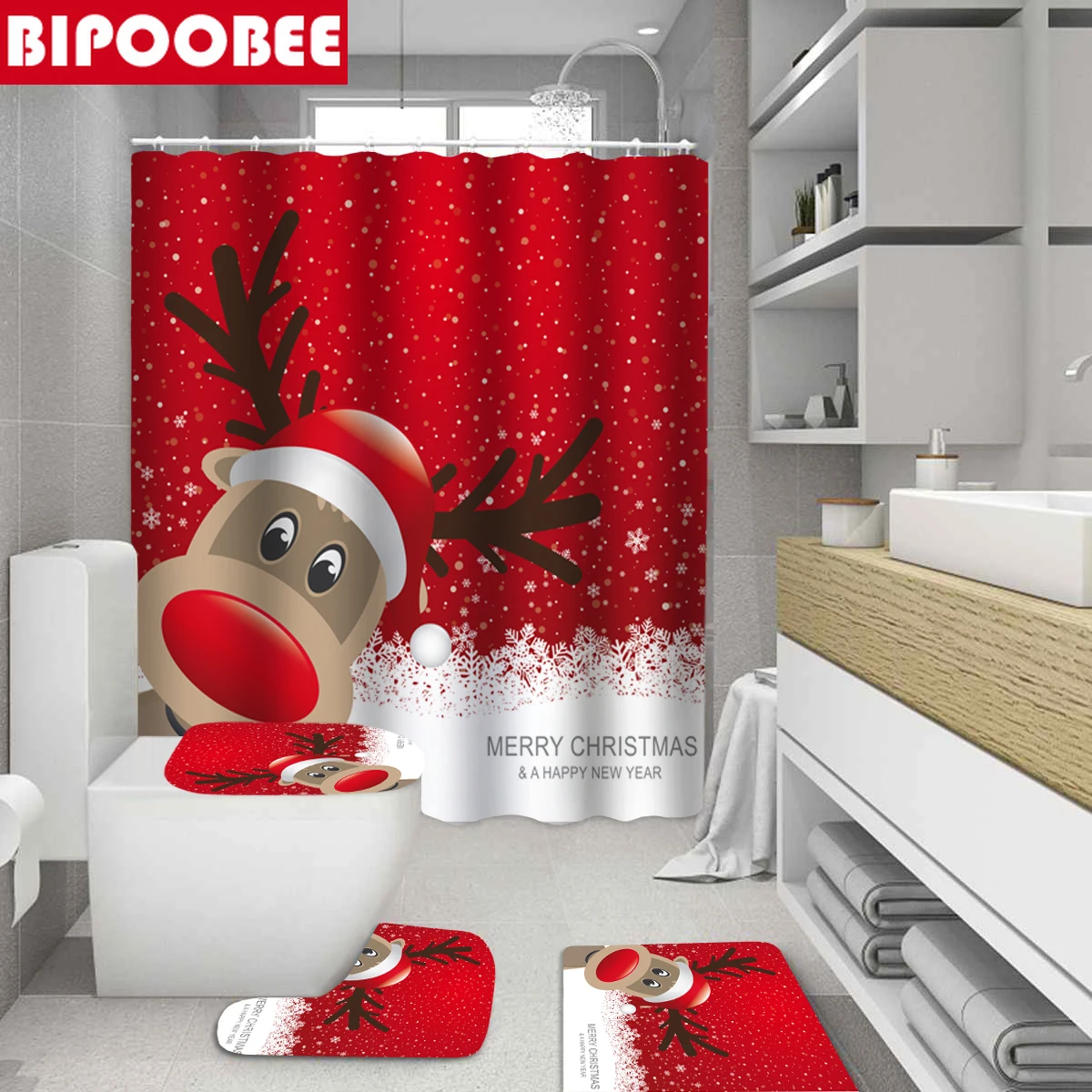 Рождественская красная занавеска для душа в форме лося ванной комнаты набор с