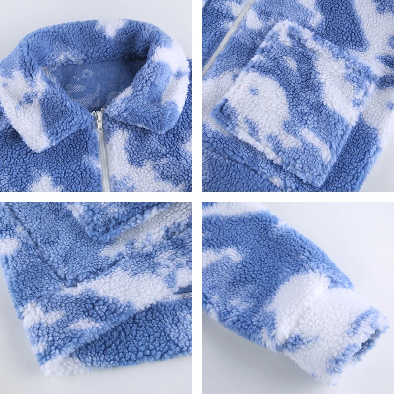

Women's Winter Jacket Tie Dye Print Teddy Furry Female Oversize Coats 2021 Autumn Warm Faux Fur Long Sleeve Zip Up Modis Outwear