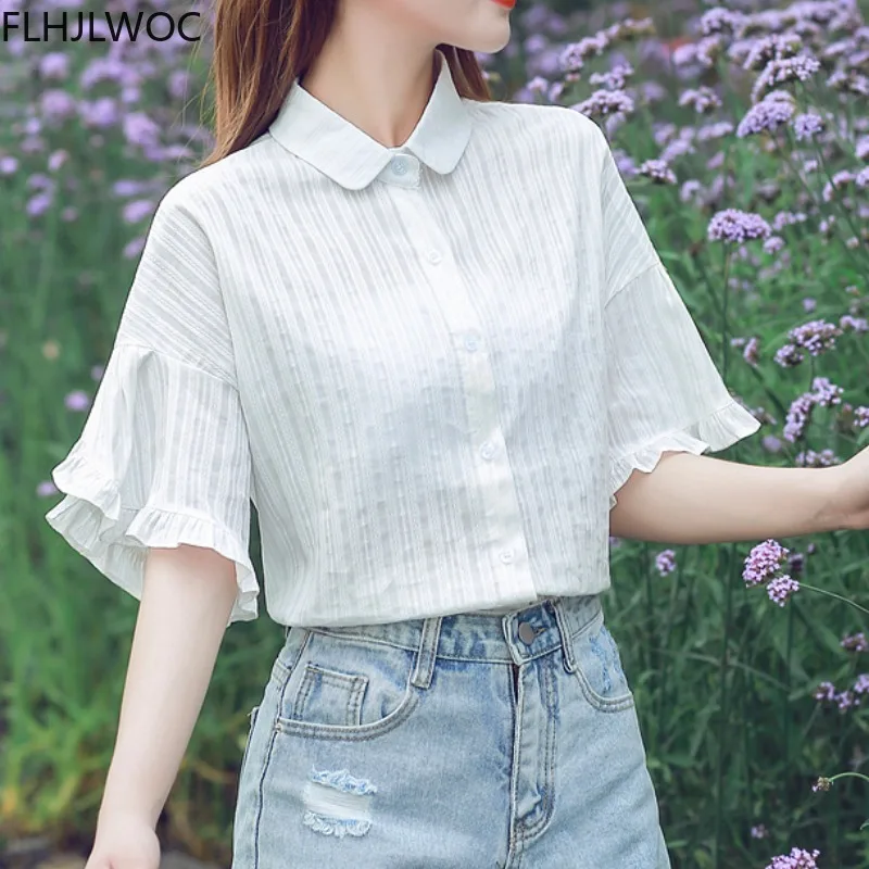

2021 Summer Cute Sweet Girls Women Fashion Flare Sleeve Ruffled Tops Blusas Single Breasted Button White Shirts